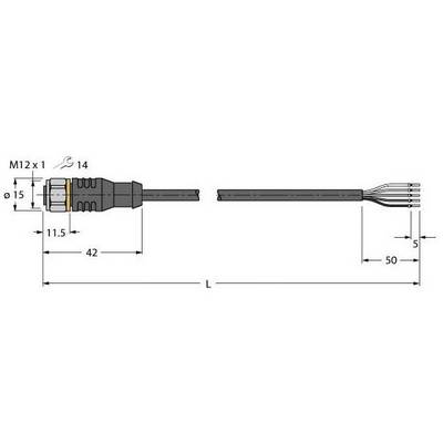 Rysunek techniczny przewodu z wtyczką M12. Wymiary: 15 mm średnicy, 42 mm długości wtyczki, 50 mm długości przewodu.