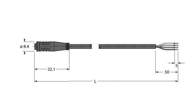 Rysunek techniczny kabla z wtyczkami. Wymiary: długość 32,1 mm, szerokość 8,4 mm, długość kabla 50 mm, wtyczki na obu końcach.