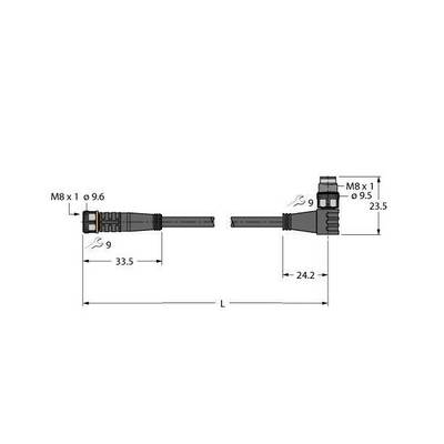 Rysunek techniczny złącza M8 z wymiarami: 9,6 mm, 9 mm, 33,5 mm, 24,2 mm, 23,5 mm oraz L.