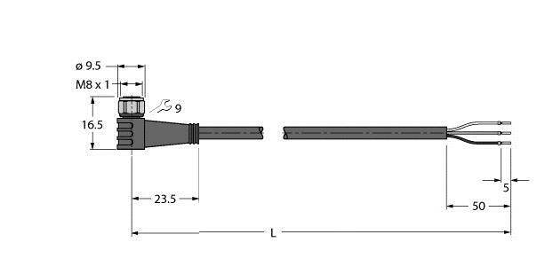 Diagram złącza M8 z wymiarami: średnica 9,5, długość 23,5, całkowita długość 'L', długość kabla 50, rozstaw przewodów 5.