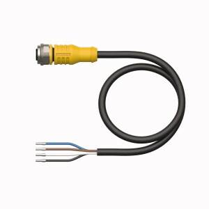 Żółty kabel złącza okrągłego z czterema odkrytymi przewodami w kolorach: niebieski, biały, brązowy i czarny. Kabel jest zagięty w kształt koła.