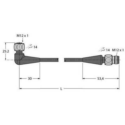 Rysunek techniczny kąta z dwoma widokami. Wymiary: 25,2 mm wysokości, 30 mm długości, gwint wewnętrzny i zewnętrzny M12 x 1.