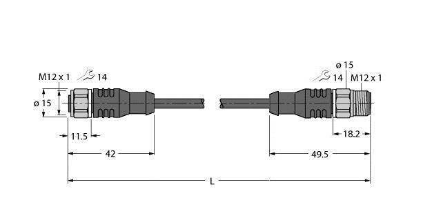 Rysunek techniczny dwóch złączy z gwintem M12; wymiary: długość 42 mm i 49,5 mm, średnica 15 mm.