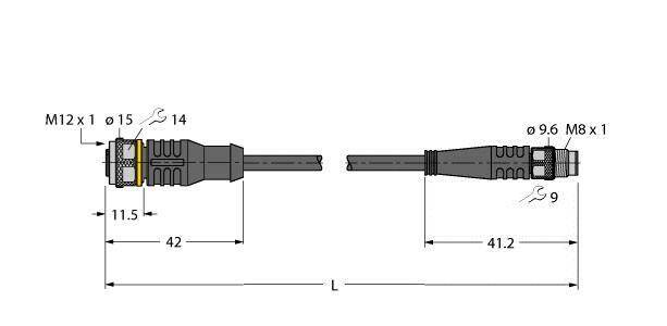 Rysunek techniczny dwóch złączy z wymiarami: Po lewej M12 x 1, długość 42 mm; Po prawej M8 x 1, długość 41,2 mm; Podane są średnice.