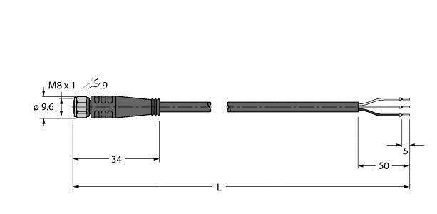 Rysunek techniczny złącza M8 z wymiarami: długość całkowita (L), długość złącza 34 mm, długość przewodu 50 mm. Średnica 9,6 mm.