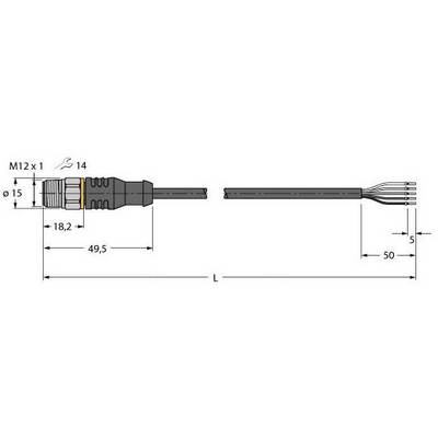 Rysunek techniczny złącza M12 x 1 z wymiarami: długość 49,5 mm, średnica 15 mm, części przewodu 5 i 50 mm.