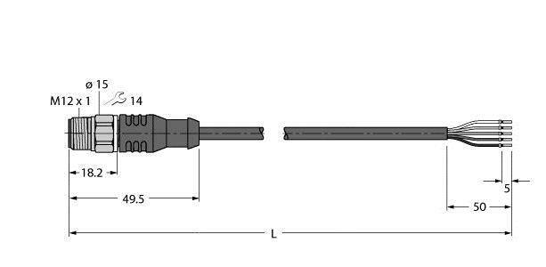 Rysunek techniczny złącza M12 z podanymi wymiarami: całkowita długość 49,5 mm dla wtyczki, 50 mm dla przyłączy kablowych.