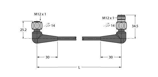 Rysunek techniczny wtyczki o wymiarach: długość 30 mm, wysokość 25,2 mm, gwint M12 x 1, długość styku 34,5 mm.