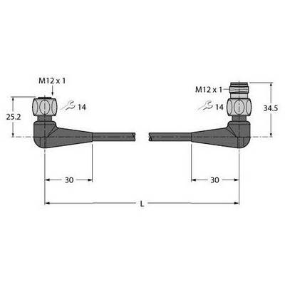 Rysunek techniczny dwóch czujników kąta z wymiarami: wysokość 25,2 mm, 34,5 mm, długość 30 mm oraz gwint M12x1.