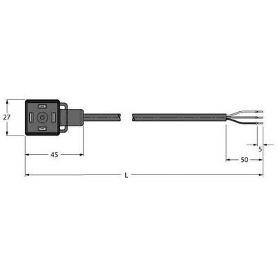 Rysunek techniczny prostokątnego modułu z trzema stykami wtyczkowymi. Wymiary: 27x45 mm; długość przewodu: 50 mm plus L.