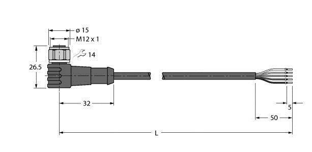 Rysunek techniczny złącza M12 z wymiarami: długość 32 mm, średnica 15 mm, przedstawieniem rozmieszczenia styków.