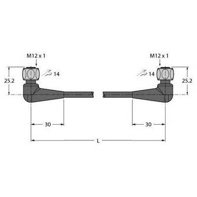 Rysunek techniczny dwóch identycznych zaworów z gwintem M12 x 1. Długość 30 mm, wysokość 25,2 mm. Przedstawiony widok z obu stron.