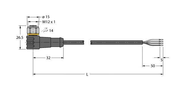 Rysunek techniczny złącza M12 z wymiarami: średnica 15 mm, długość 32 mm, długość całkowita L, koniec kabla 50 mm.
