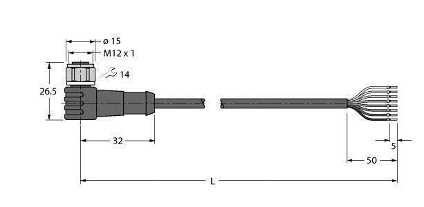 Rysunek techniczny wtyczki kablowej z gwintem M12, wymiary: wysokość 26,5 mm, długość do wtyczki 32 mm, całkowita długość L, 50 mm końcówki kablowej.