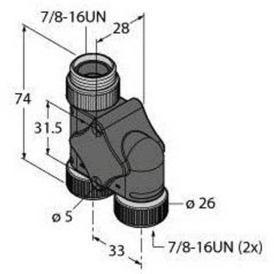 Rysunek techniczny trójnika z wymiarami. Górny rozmiar przyłącza: 7/8-16UN, długość: 74 mm, szerokość: 33 mm, średnica rury: 26 mm.