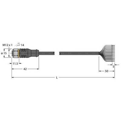 Rysunek techniczny złącza M12 x 1 z przewodem. Wymiary: Ø15 mm, długość całkowita 112 mm, przewód 50 mm, wtyk 42 mm, odizolowanie 5 mm.