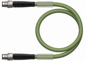 Zielony kabel koncentryczny z srebrnymi złączami na obu końcach.