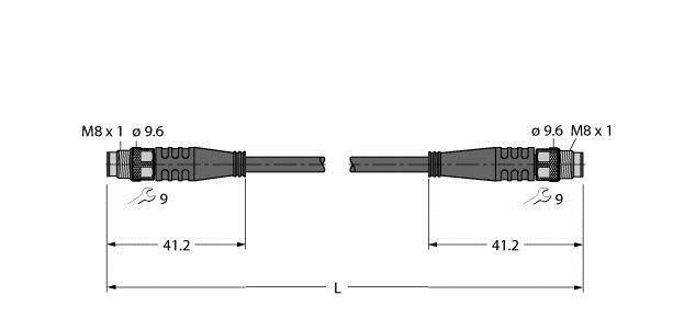 Rysunek przedstawia wtyczkę, M8 x 1, ø9,6 mm, długość 41,2 mm po obu stronach, całkowita długość 'L'.