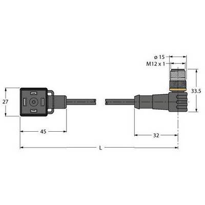 Rysunek techniczny prostokątnego złącza wtykowego z gwintem M12. Wymiary: 27 x 45 mm, ø15 mm, długość całkowita zmienna (L).