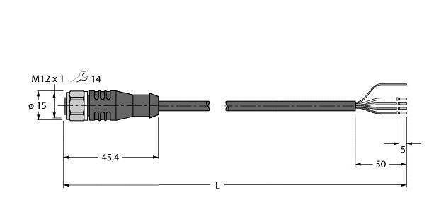 Schemat złącza: M12 x 1, średnica 15 mm, całkowita długość 45,4 mm, długość przewodu L, końce odizolowane 50 mm, pokrywa 5 mm.