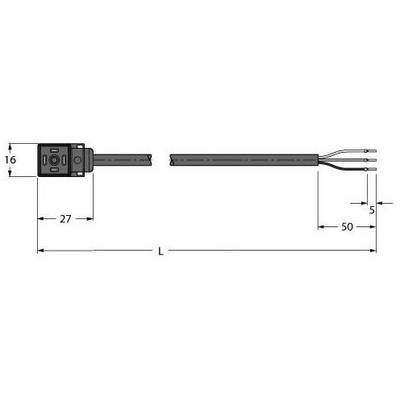 Rysunek techniczny wtyczki elektrycznej z wymiarami: 16 mm wysokości, 27 mm szerokości, 5 mm oraz długości kabla 50 mm.