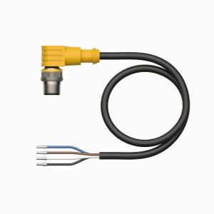 'Żółty, zagięty kabel z wtyczką na jednym końcu i czterema nieizolowanymi przewodami na drugim końcu.'