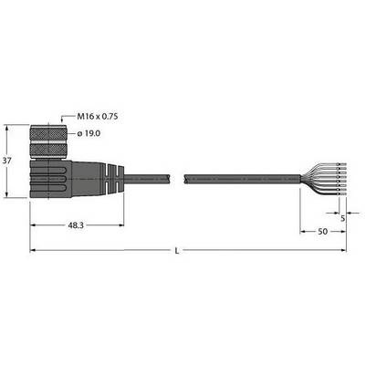 Rysunek techniczny złącza kablowego. Wymiary: M16 x 0,75, średnica 19,0 mm, długości 48,3 mm i 50 mm oznaczone.