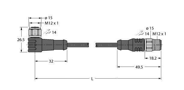 Diagram złącz M12 z wymiarami: Po lewej, wysokość 26,5 mm, długość 32 mm; Po prawej, wysokość 18,2 mm, długość 49,5 mm; oba o średnicy Ø15, gwint M12 x 1.