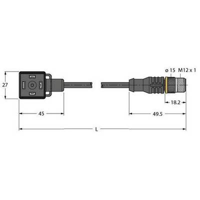 Diagram wtyczki z wymiarami: 45 mm i 49,5 mm długości, 27 mm szerokości. Średnica wynosi 15 mm, M12 x 1 i 18,2 mm.