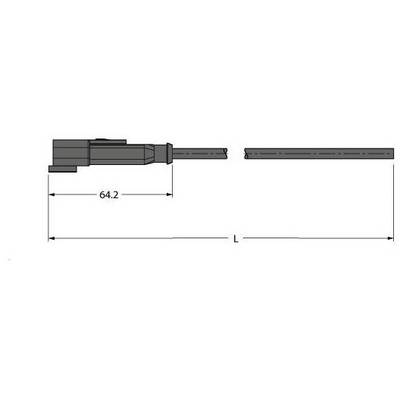 Rysunek techniczny wtyczki o długości 64,2 mm. Przedstawiono również dłuższą część (L), która nie została zwymiarowana.