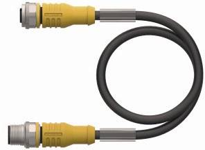 Żółty, skręcany kabel z dwoma metalowymi wtyczkami na końcach, prawdopodobnie będący częścią urządzenia elektronicznego lub narzędzia.