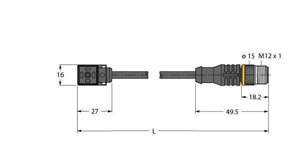 Rysunek techniczny przewodu połączeniowego ze złączem M12, o długości przewodu 'L' oraz wymiarach: 27 mm, 49,5 mm i 18,2 mm.
