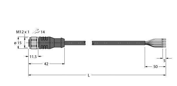 Diagram połączenia wtykowego z odłączalnymi końcówkami, gwint M12 x 1, średnica 15 mm, podane wymiary złącza i długości przewodu.
