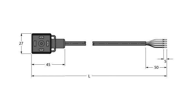 Diagram złącza z wymiarami: szerokość 27 mm, długość 45 mm. Całkowita długość wraz z przewodem 50 mm. Przewód z czterema przewodnikami.