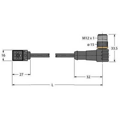 Rysunek techniczny złącza M12 z podłączeniem kablowym. Wymiary: długość 32 mm, szerokość 16 mm, gwint M12 x 1, średnica zewnętrzna 15 mm.