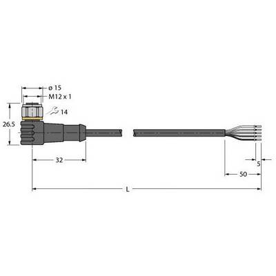 Model wtykowy z przewodem i wymiarami. Gwint M12 x 1, oznaczenia długości: 32 mm (wtyk), 50 mm (odcinki przewodu).