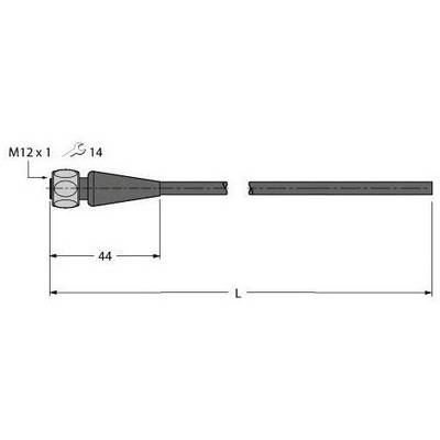 Rysunek techniczny złącza: Wtyk M12 x 1, powierzchnia kluczowa 14 mm, całkowita długość L z wymiarem sekcyjnym 44 mm.