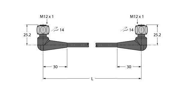 Rysunek techniczny z wymiarami dla elementu. Zawiera gwint M12 x 1 i długość 30 mm. Szerokość klucza 14 mm, całkowita wysokość 25,2 mm.