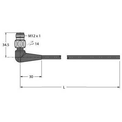 Rysunek techniczny wtyczki czujnika z gwintem M12 x 1, podane wymiary 34,5 mm i 30 mm, długość L zmienna.