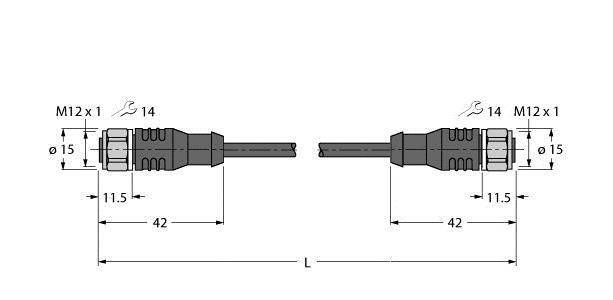 Rysunek techniczny dwóch identycznych złączy wtykowych z gwintem M12, długość całkowita 'L', wymiary: 11,5 mm, 42 mm, średnica 14-15 mm.