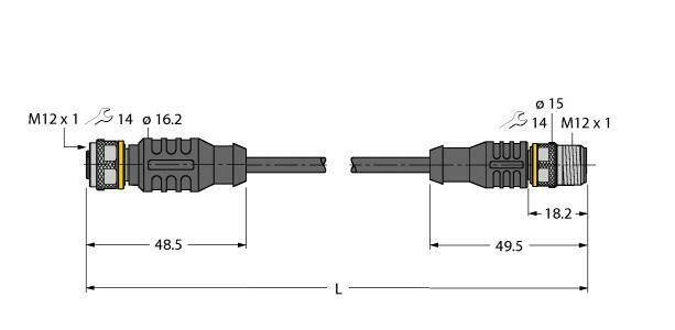 Diagram dwóch złączy (M12 x 1) usytuowanych naprzeciw siebie. Wymiary: długość 48,5 mm i 49,5 mm, średnica 14 mm i 16,2 mm.