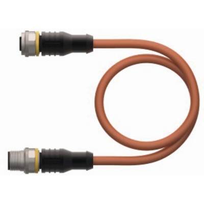 Czerwono-pomarańczowy kabel z dwoma złączami na końcach ułożony w kształcie pętli.