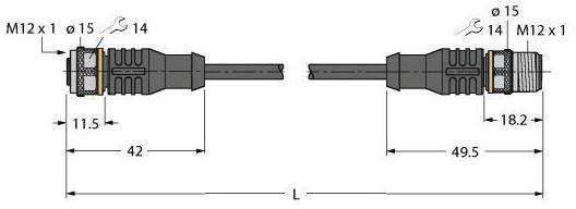 Schemat wtyczki z wymiarami: Po lewej wtyczka M12 x 1, długość 42 mm; po prawej gniazdo, długość 49,5 mm. Średnica 15 mm i 14 mm.