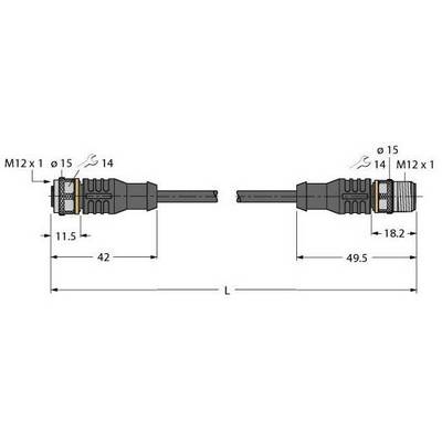 Schemat wtyczki z wymiarami: Po lewej wtyczka M12 x 1, długość 42 mm; po prawej gniazdo, długość 49,5 mm. Średnica 15 mm i 14 mm.