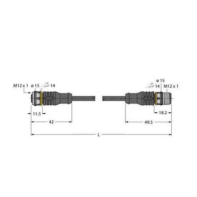 Rysunek techniczny dwóch złączy M12 z wymiarami: długość (L), średnica (Ø) 15 mm, pozostałe wymiary 11,5 mm i 18,2 mm.