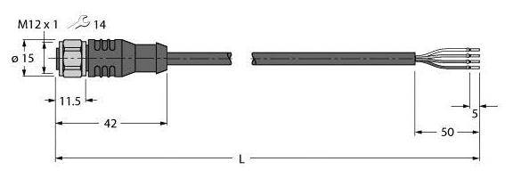 Rysunek techniczny wtyczki z przewodami. Wymiary: M12x1, długość całkowita (L), średnica 15 mm, wtyczka 42 mm, przewody 50 mm.