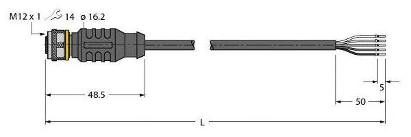 Wtyk M12 x 1 z przewodem, średnica 16,2 mm, całkowita długość 98,5 mm. Przedstawia złącze ze wskazanymi wymiarami.