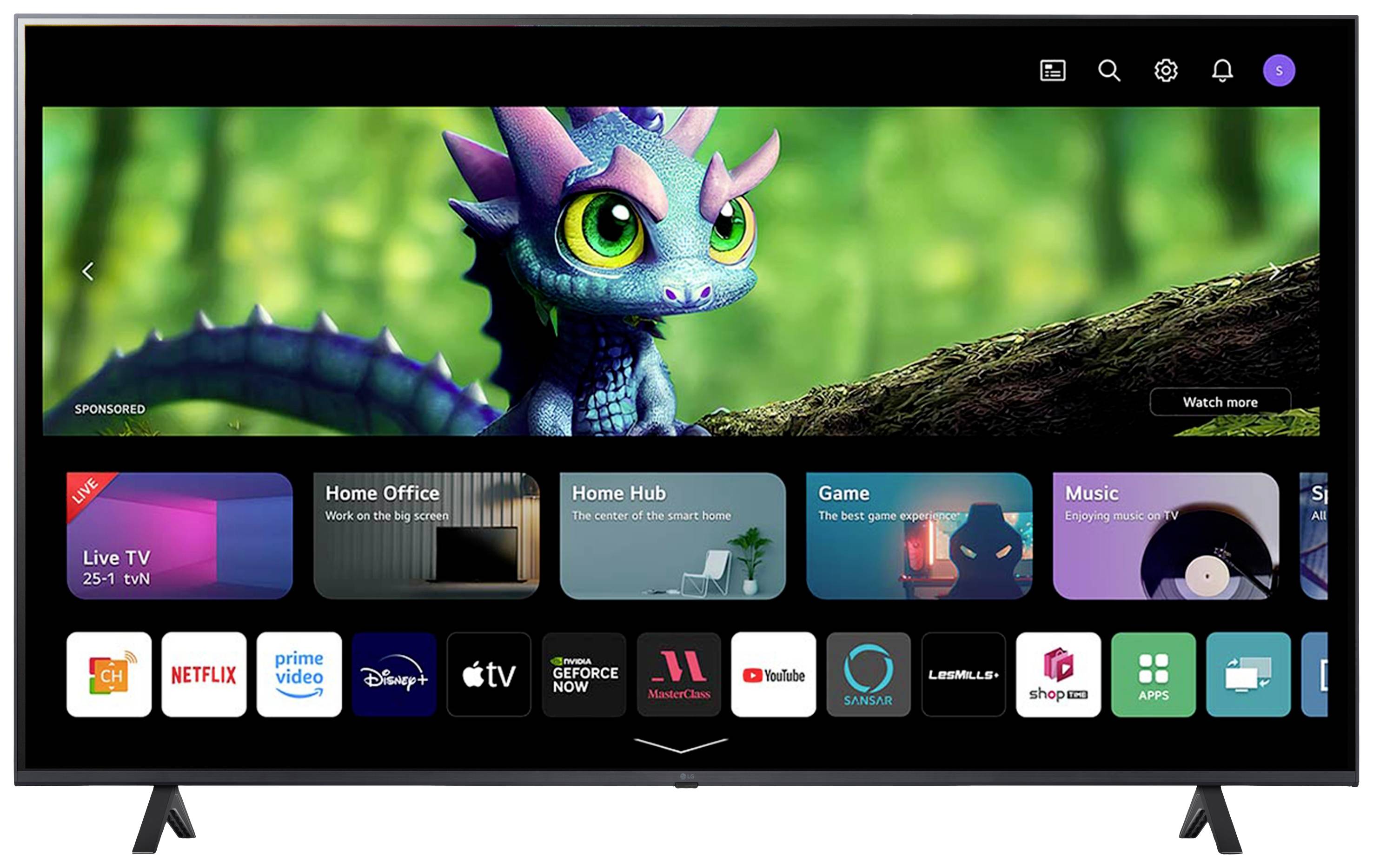 Ekran telewizora wyświetla kolorowy interfejs użytkownika z różnymi aplikacjami i animowanym smokiem na głównym obrazie.