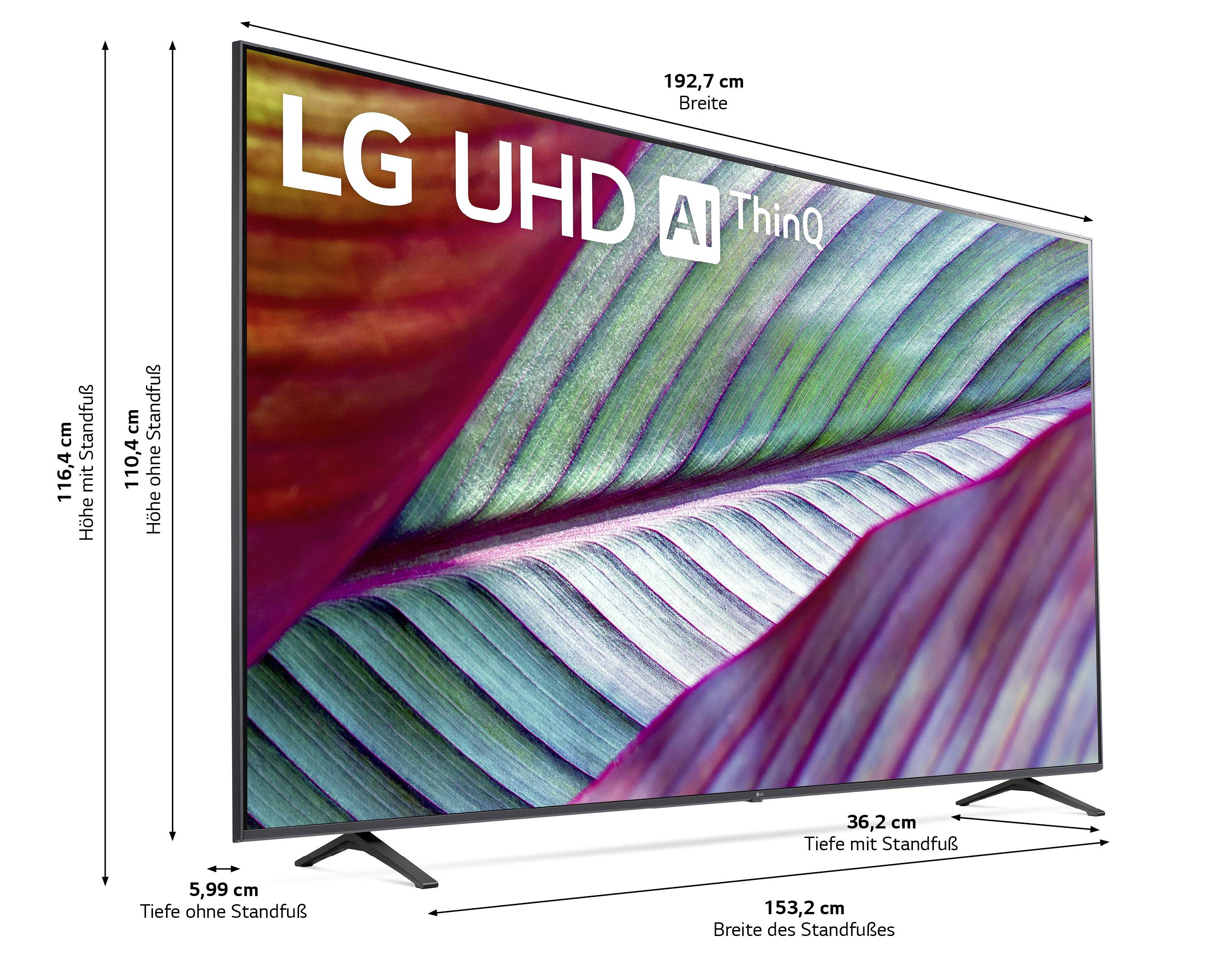 Duży telewizor LG UHD AI ThinQ z obrazem rośliny na ekranie. Wymiary: szerokość 192,7 cm, wysokość 116,4 cm ze stopką, głębokość 5,99 cm.