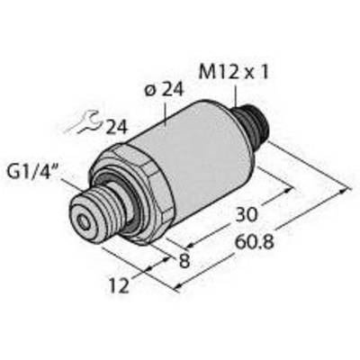 Diagram cylindrycznego adaptera, gwint M12 x 1, przyłącze G1/4", długość 60,8 mm, średnica 24 mm. Prezentacja wymiarów i gwintów.